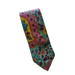 Vtg Mens Floral Tie Sears 100% Rayon 54 Inches Long Multicolor Design Teal Pink